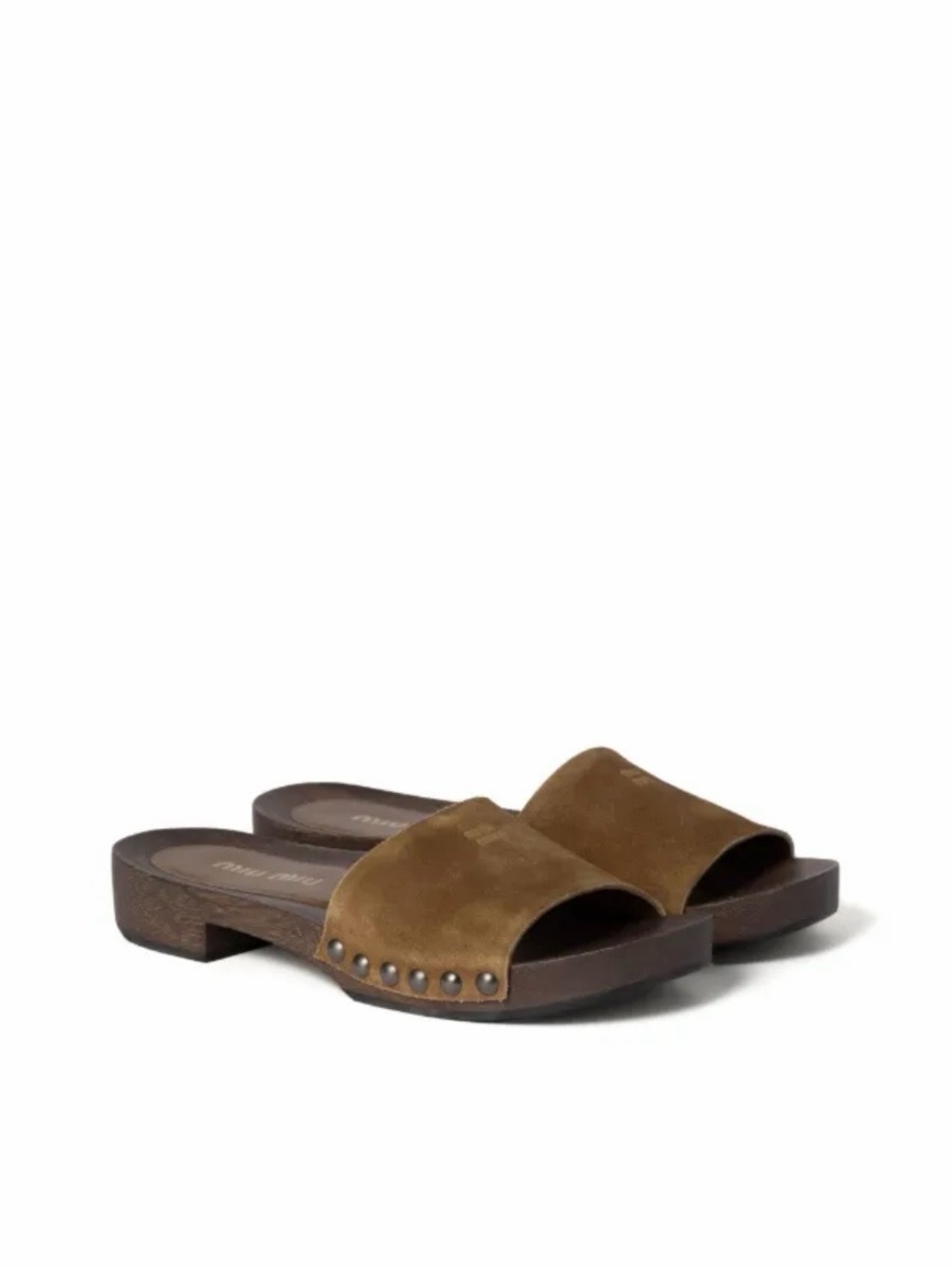Miu Miu Brown Suede Slide Mules with Stud Accents